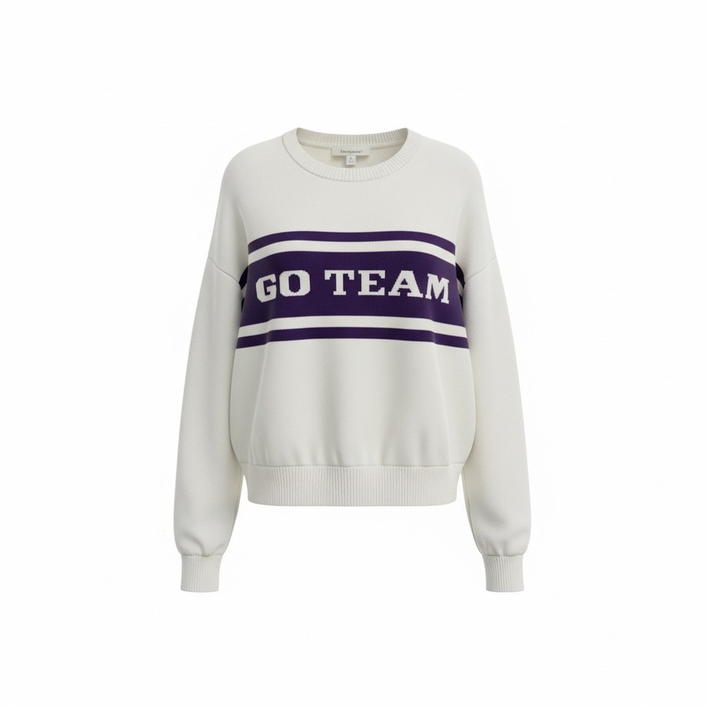 Francesca's Go Team Graphic Knit Sweater Cream‎ Purple Size M